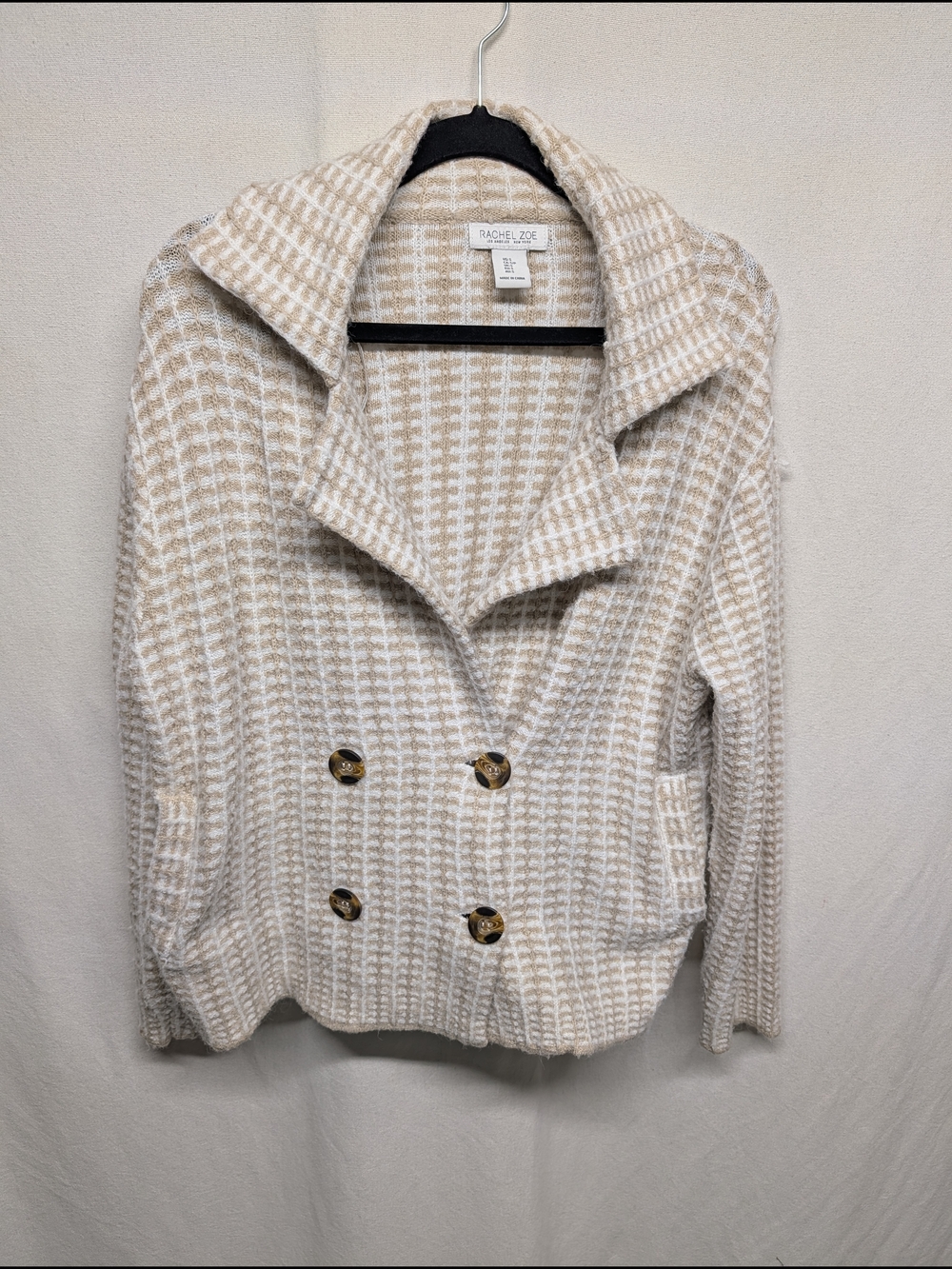 Rachel Zoe Cream & White Textured Double-Breasted Knit Jacket